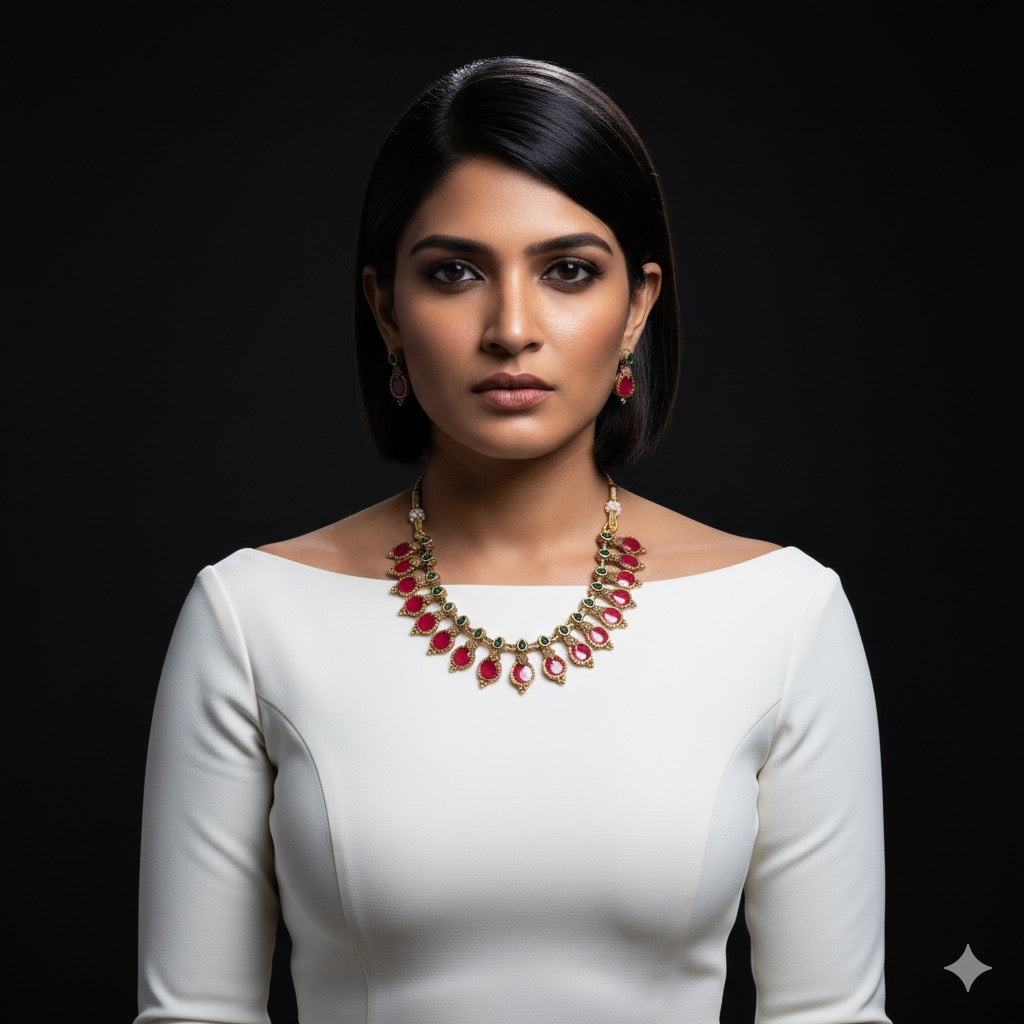 RED AND GREEN ENAMEL GOLD TONED CHOKER/NECKLACE SET(product code-037)