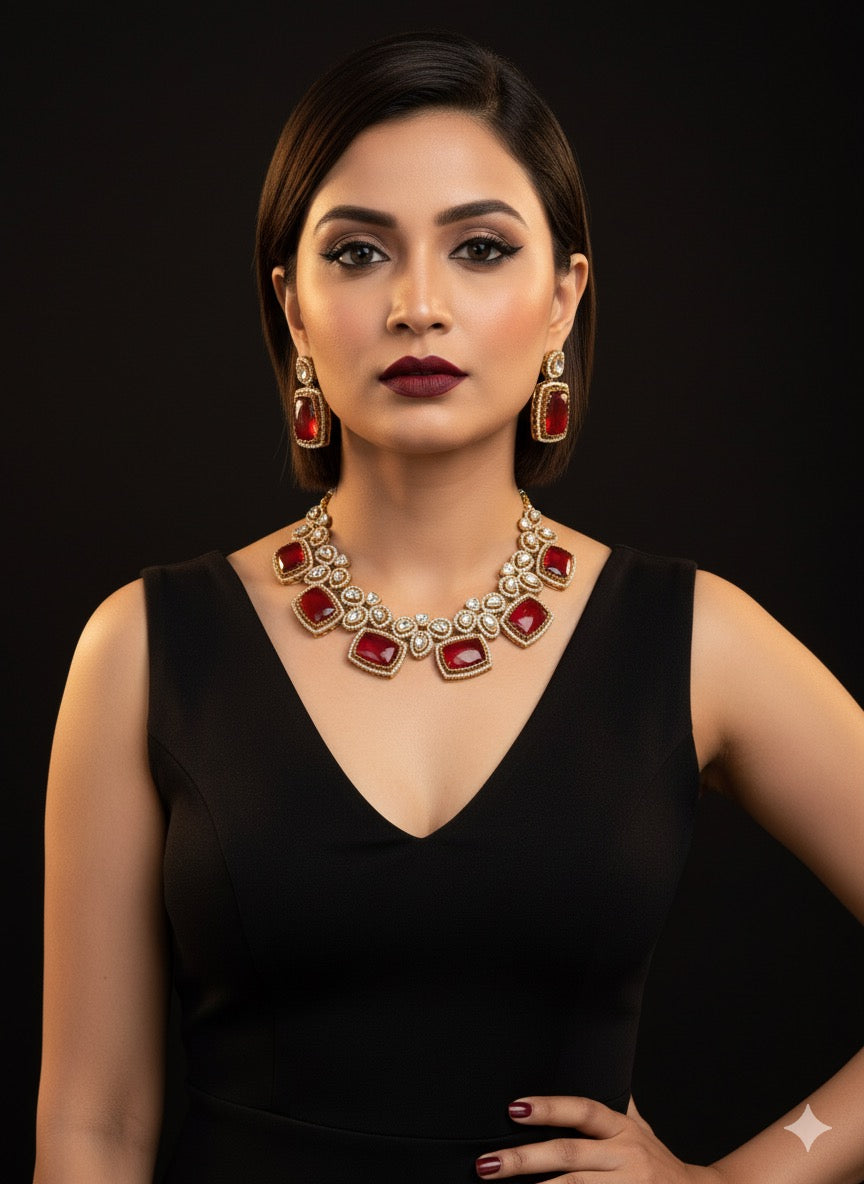RED KUNDAN NECKLACE SET (product code 004)