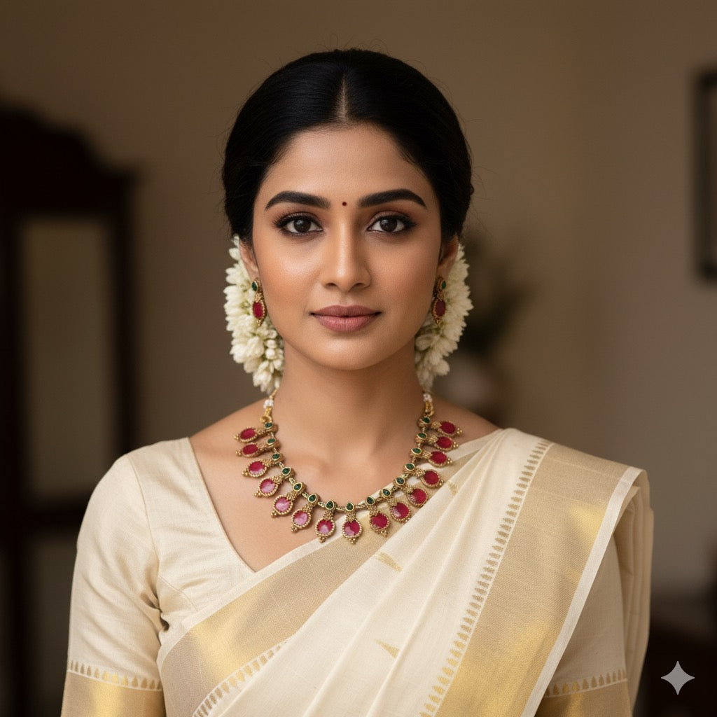 RED AND GREEN ENAMEL GOLD TONED CHOKER/NECKLACE SET(product code-037)